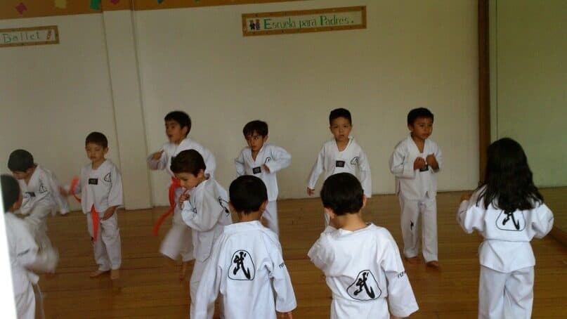 Alumnos con dobok blanco formados frente a frente al inicio de la clase de Tae Kwon Do